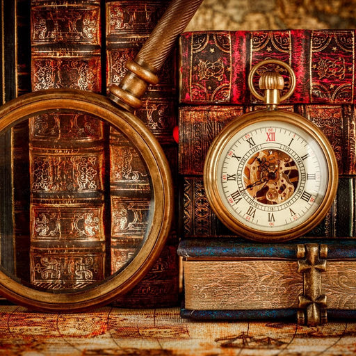 Golden Books - Canvas Print - realistic 5 panel wall art of a collection of books and a vintage watch - make a statement when you hang this art to your living room | NicheCanvas