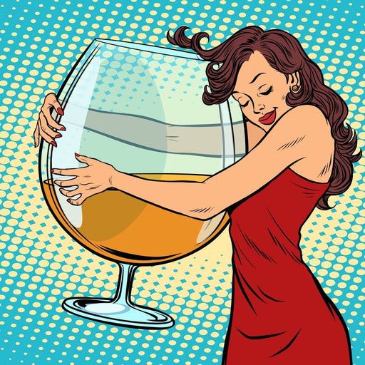 Wine Lover - Canvas Print - cartoon pop wall art featuring a woman hugging a huge glass of wine - this unique art print makes the perfect focal point | NicheCanvas