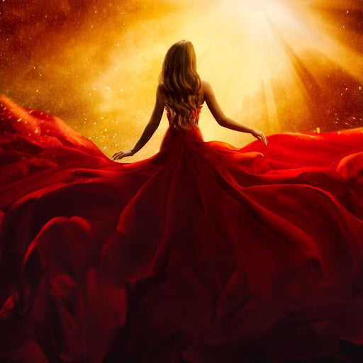 Red Flying Dress - Canvas Print - beautiful wall art of a woman in a stunning red dress and a gold background - this is an elegant addition to your living space | NicheCanvas