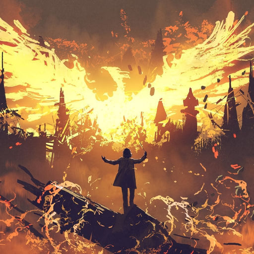Phoenix Rising - Canvas Print - gorgeous orange wall art of a man witnessing a rising phoenix - this canvas art is made of high quality canvas and ink | NicheCanvas