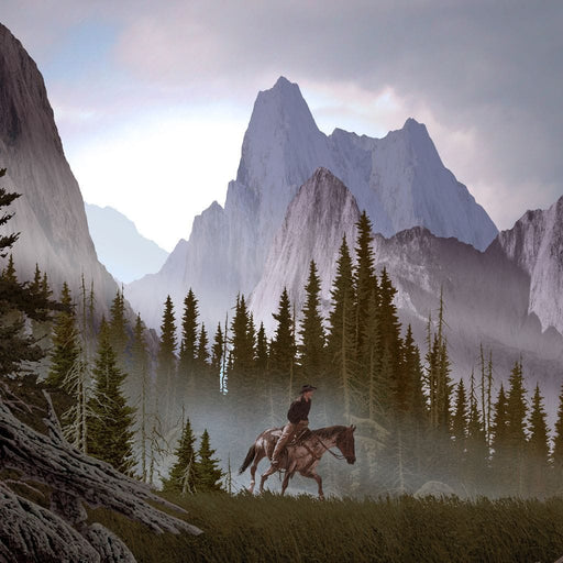 The Mountaineer - Canvas Print - stunning wall art featuring a watercolor painting of a man riding a horse on the mountains - this wall print brings peace and calmness to the space | NicheCanvas