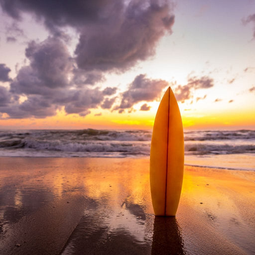 Hawaiian Sunset - Canvas Print - 5 panel wall art of a surfboard and a beautiful beach sunset - this art print's vibrant colors will surely captivate your visitors | NicheCanvas