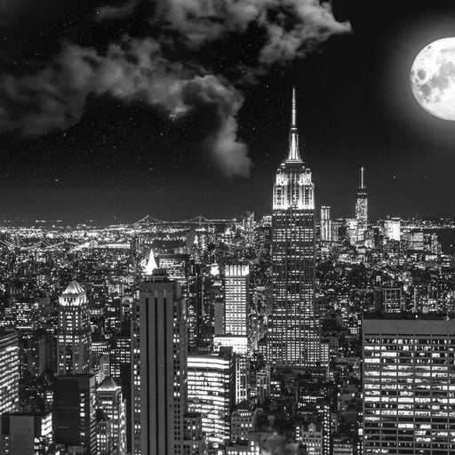 NYC at Night - Canvas Print - black and white 5 panel wall art of the beautiful city and a large full moon - this gorgeous home decor brings peace to your living space | NicheCanvas