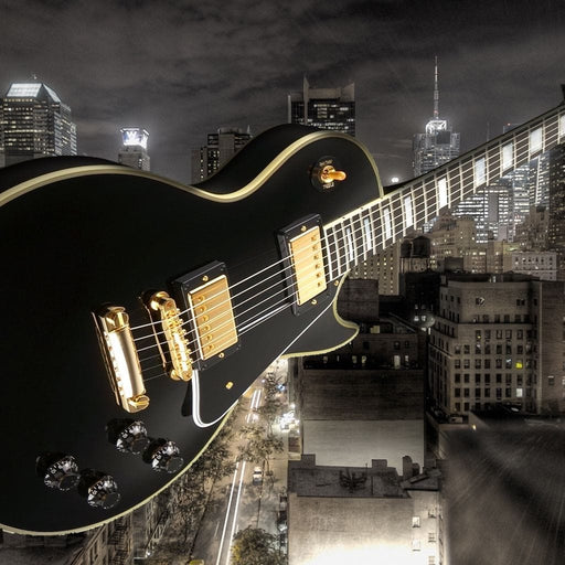 Guitar City - Canvas Print - unique wall art of a huge guitar instrument floating over the city - this interesting art piece makes the perfect gift for your friends | NicheCanvas