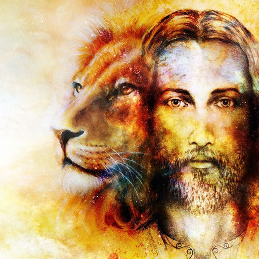 Jesus with a Lion - Canvas Print - unique wall art of Jesus and a lion in a watercolor painting - this one of a kind decor will surely draw attention to your guests | NicheCanvas