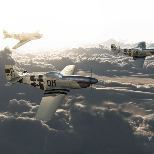 P51 Mustang Squadron - Canvas Print - unique wall art of three airplanes flying over a sea of clouds - hang this in your living room and it will surely be brightened | NicheCanvas