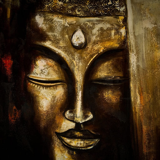 Buddha's Dream - The Panel Wall Art Buddha has a golden statue design with deatiled face features