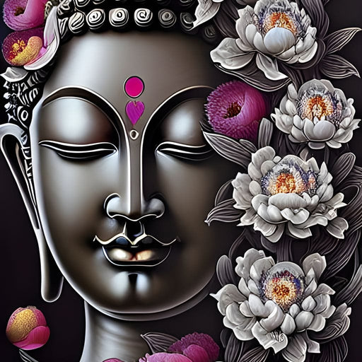 Buddha & Flowers Grey Canvas Print