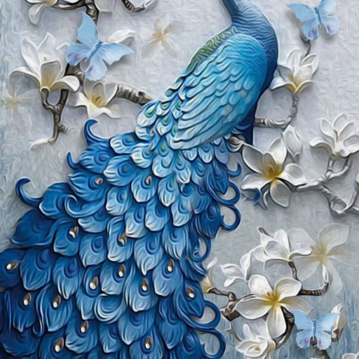 Blue Peacock Flower Set - Vertical Canvas Print