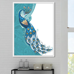 Peacock on Turquoise & White Background - NicheCanvas