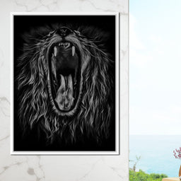 Black and White Roaring Lion - NicheCanvas