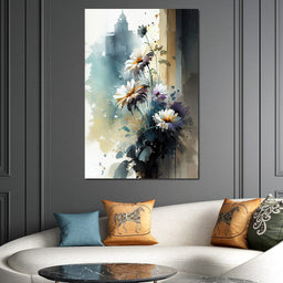 White & Teal Watercolor Flowers - NicheCanvas