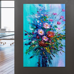 Bouquet of Flowers on Blue Background - NicheCanvas