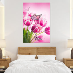 Bouquet of Pink Tulips & Butterflies - NicheCanvas