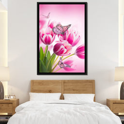 Bouquet of Pink Tulips & Butterflies - NicheCanvas