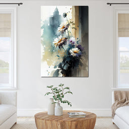 White & Teal Watercolor Flowers - NicheCanvas