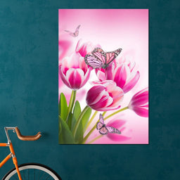 Bouquet of Pink Tulips & Butterflies - NicheCanvas