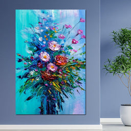 Bouquet of Flowers on Blue Background - NicheCanvas