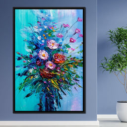 Bouquet of Flowers on Blue Background - NicheCanvas