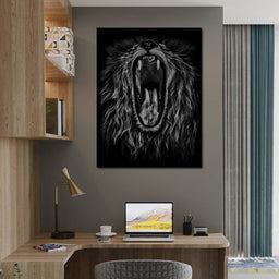 Black and White Roaring Lion - NicheCanvas