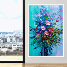 Bouquet of Flowers on Blue Background - NicheCanvas