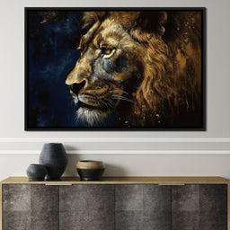 Golden Lion on Blue Background - NicheCanvas