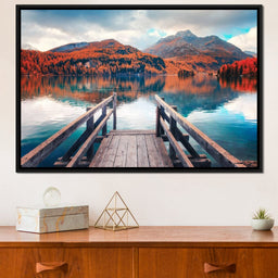 Wooden Pier on Autumn lake Sils - NicheCanvas