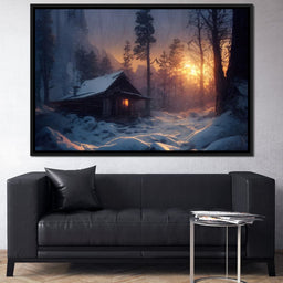 Warm Cabin Covered in Snow - NicheCanvas