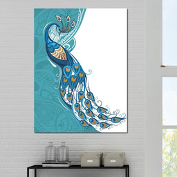 Peacock on Turquoise & White Background - NicheCanvas