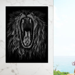 Black and White Roaring Lion - NicheCanvas