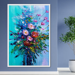 Bouquet of Flowers on Blue Background - NicheCanvas