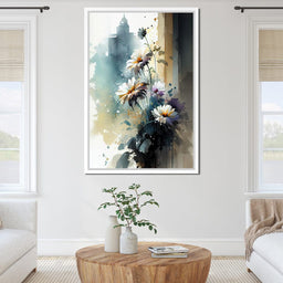 White & Teal Watercolor Flowers - NicheCanvas