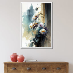 White & Teal Watercolor Flowers - NicheCanvas