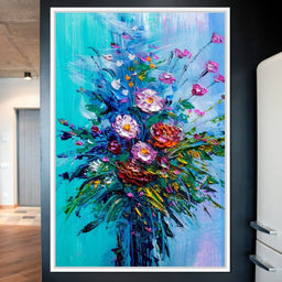 Bouquet of Flowers on Blue Background - NicheCanvas