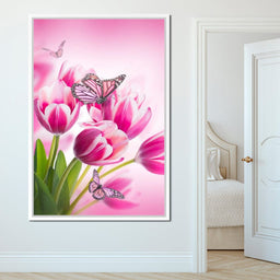 Bouquet of Pink Tulips & Butterflies - NicheCanvas