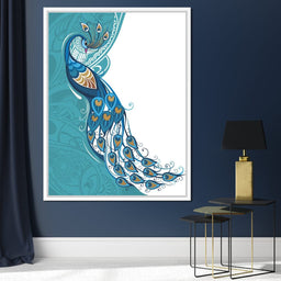 Peacock on Turquoise & White Background - NicheCanvas