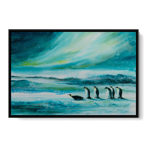 Penguins Under the Aurora Borealis Canvas Print