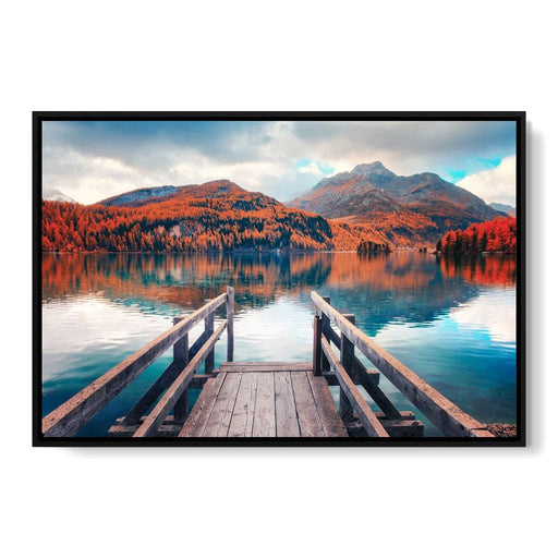 Wooden Pier on Autumn lake Sils Canvas Print