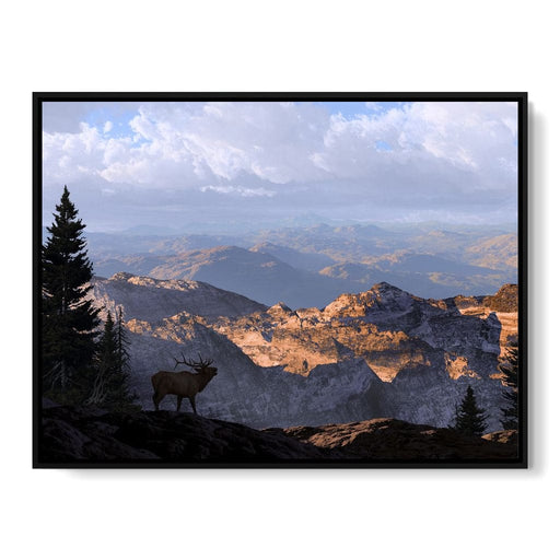 Elk by the Mountains - Canvas Print - photorealistic wall print of elk hunting and a stunning view - this wall decor creates a warm environment for anyone in the room | NicheCanvas