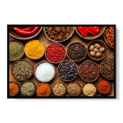 World Spices - Canvas Print - unique 5 panel wall art of different spices laid on the wooden table - this genuine work of art can be displayed in your kitchen | NicheCanvas