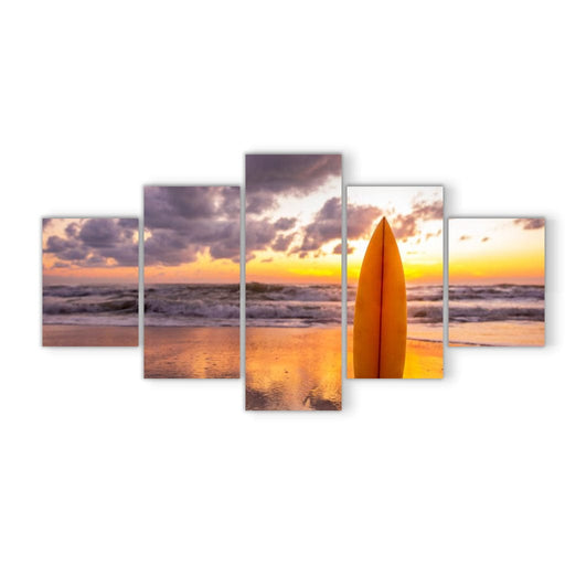 Hawaiian Sunset - Canvas Print - 5 panel wall art of a surfboard and a beautiful beach sunset - this art print's vibrant colors will surely captivate your visitors | NicheCanvas