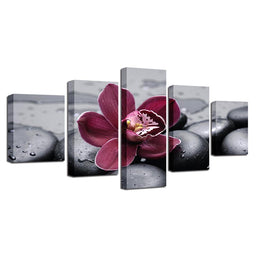 Purple Flower On Black Pebbles Multi Panel Canvas Wall Art - NicheCanvas