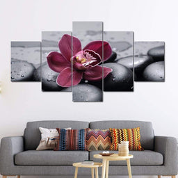 Purple Flower On Black Pebbles Multi Panel Canvas Wall Art - NicheCanvas