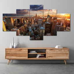 New York City Sunset Multi Panel Canvas Wall Art - NicheCanvas