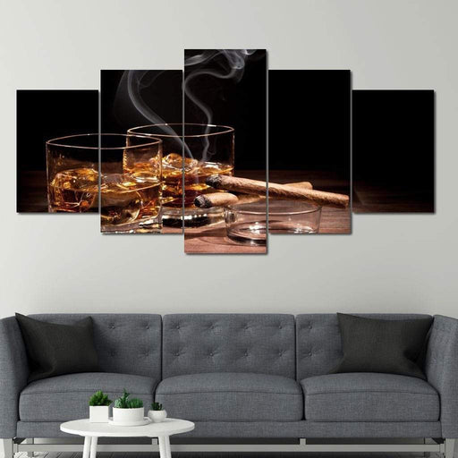 Limited Edition - Whiskey Wall Art 2 - Canvas Print - 5 panel wall art featuring a whiskey on two glass cup and and two cigars - this gorgeous wall print adds a touch of class to your space | NicheCanvas