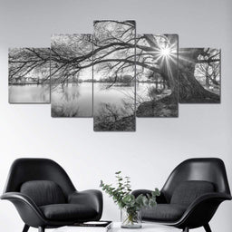 Black & White Lake Multi Panel Canvas Wall Art - NicheCanvas