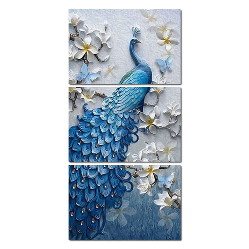 Blue Peacock Flower Set - Vertical Canvas Print