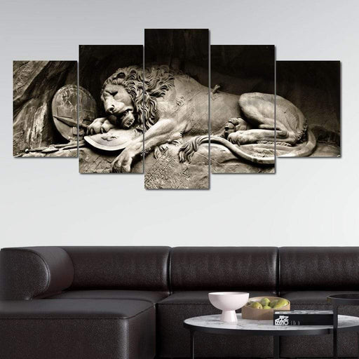 The Lion of Lucerne - Canvas Print - interesting 5 panel wall art of the lion monument sculpture - this one of a kind canvas painting will leave your guests staring | NicheCanvas