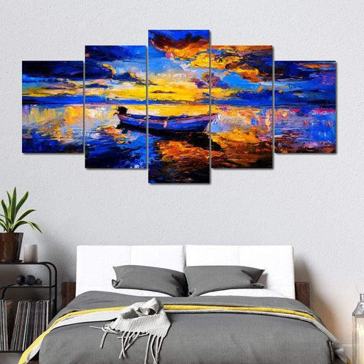 A Fish Too Far - Canvas Print - colorful painting of a sailing boat waiting for fish in the ocean - this stunning 5 panel wall art is the perfect home decor | NicheCanvas