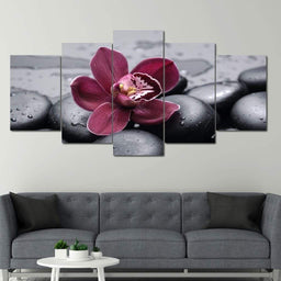 Purple Flower On Black Pebbles Multi Panel Canvas Wall Art - NicheCanvas